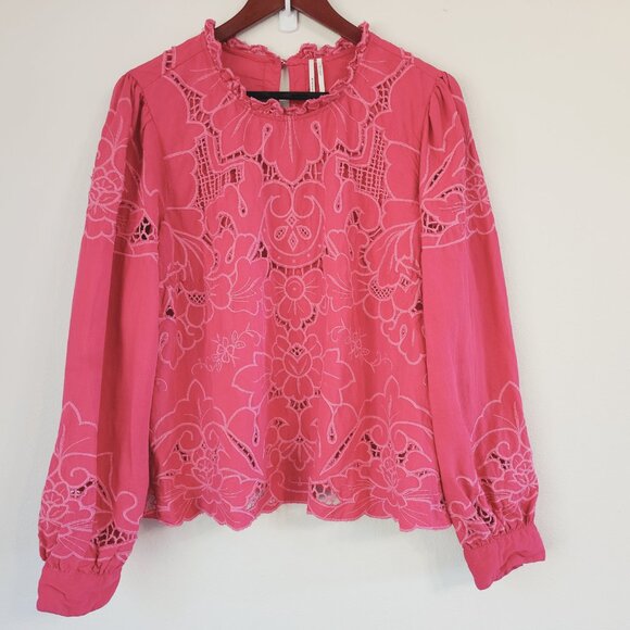 Anthropologie Women The Lainie Longsleeve Lace Cutwork Blouse Pink XL LinenBlend - Picture 2 of 16